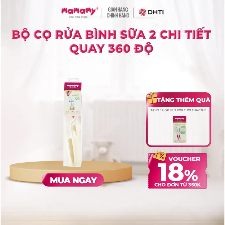 Bộ cọ rửa bình sữa 2 chi tiết quay 360 độ Mamamy, siêu mềm, an toàn cho bé từ sơ sinh