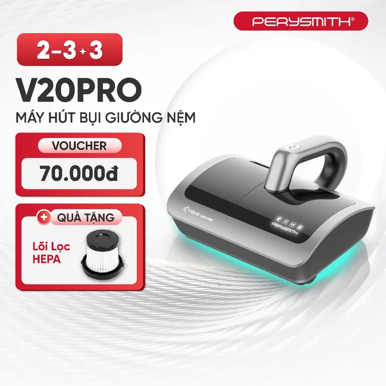 Máy Hút Bụi Giường Nệm PerySmith V20Pro, Không Dây, Gọn Nhẹ, Diệt Khuẩn, Hút Bụi Mịn, Có Đèn UV