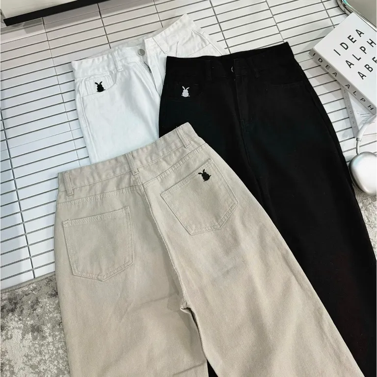 (Có suông nấm 95cm&103cm)-(XS-XL)Quần jean nữ ống suông thêu thỏ có suông nấm lùn, quần kaki nữ ống rôngj
