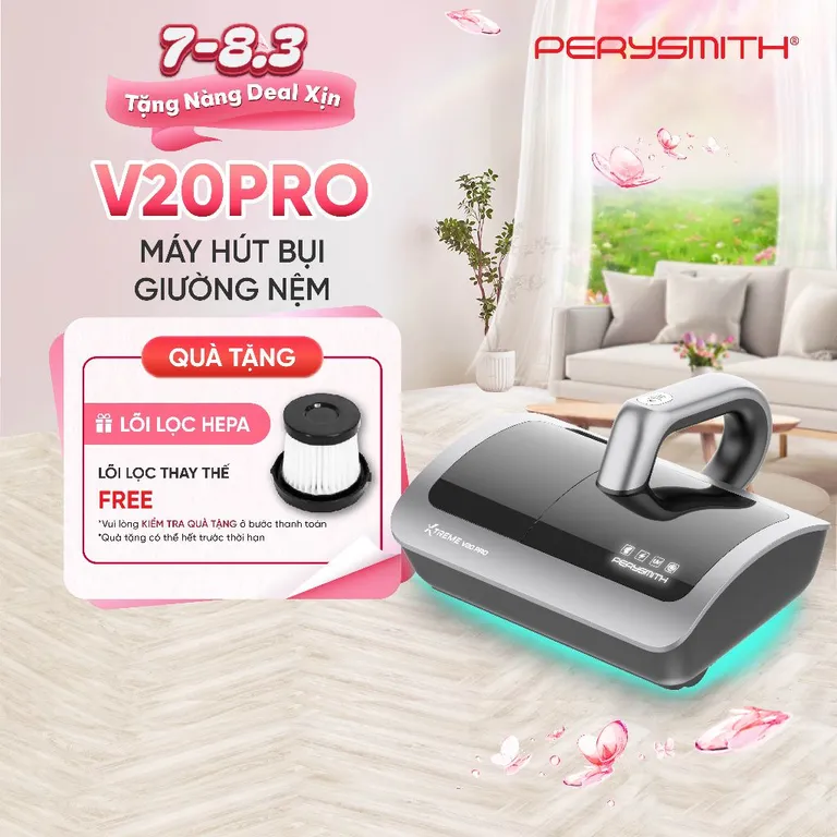 Máy Hút Bụi Giường Nệm PerySmith V20Pro, Không Dây, Gọn Nhẹ, Diệt Khuẩn, Hút Bụi Mịn, Có Đèn UV