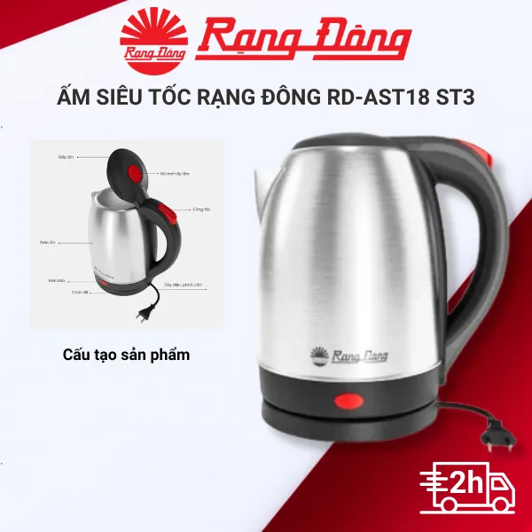 Ấm siêu tốc Rạng Đông Inox 304 sử dụng bộ điều khiển Jiatai 2 cấp RD-AST18 ST3 phù hợp cho gia đình, văn phòng