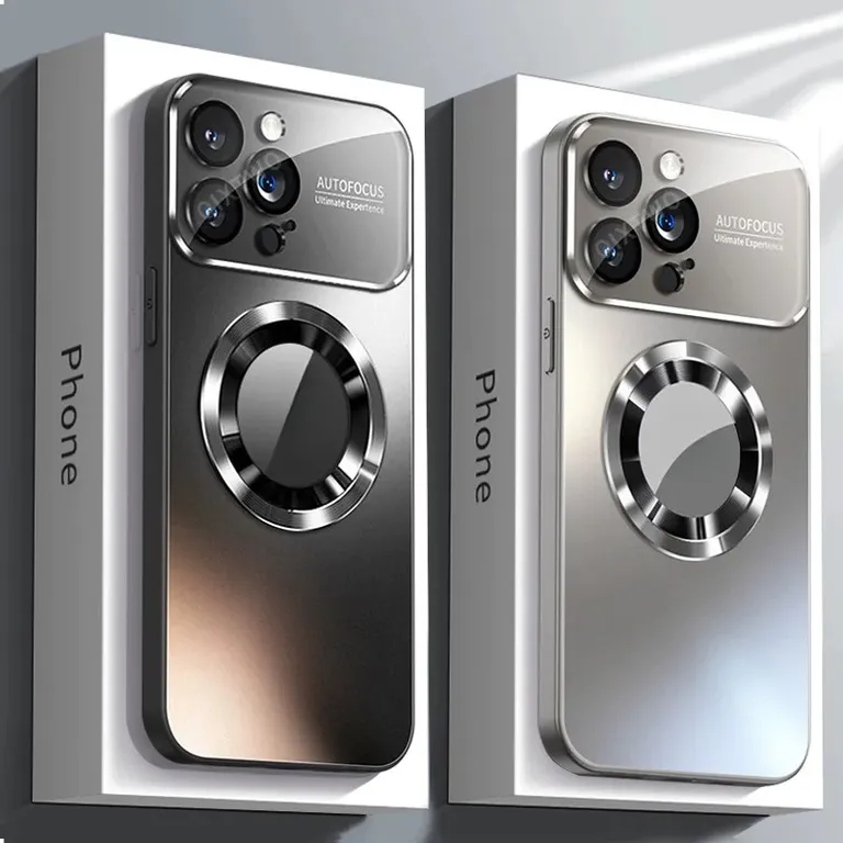 Ốp sạc không dây từ tính ống kính máy ảnh thủy tinh sang trọng cho iPhone 11 12 13 14 15 16 Pro Max Plus Vỏ chống sốc