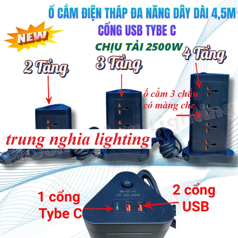 Ổ Cắm Điện Tháp Đa Năng Cổng USB Tybe C Dây dài 4,5m Công suất 2500WAT