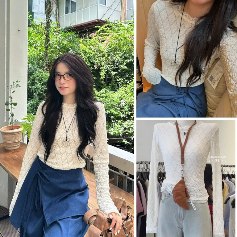 [Hàng sẵn-QC LOẠI 1] Áo len mỏng dài tay viền ren hoạ tiết trám màu kem nhẹ nhàng dễ mix đồ RELA TOP