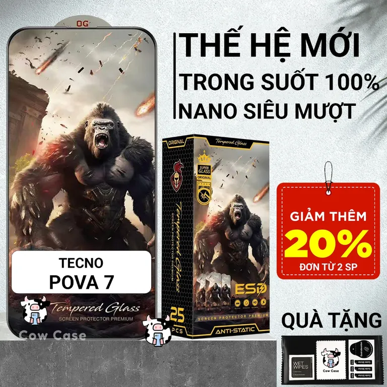 Cường lực Tecno Pova 7 Cowcase chiến binh full màn | Miếng kính dán bảo vệ màn hình cho Tecno