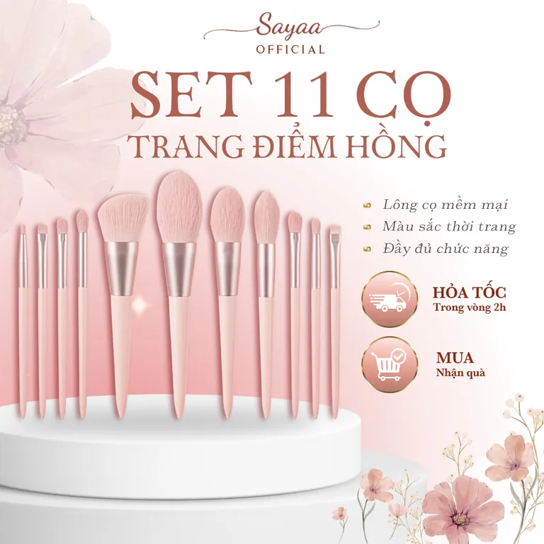 Set 11 cọ trang điểm make up cá nhân bằng  lông siêu mềm mượt kèm túi đựng xinh xắn, phụ kiện trang điểm Sayaa