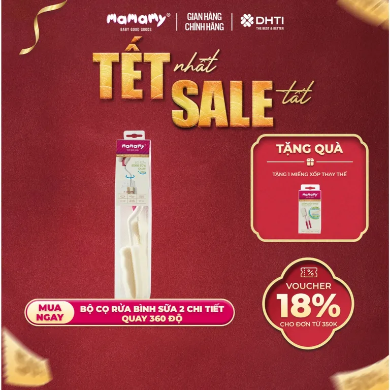 Bộ cọ rửa bình sữa 2 chi tiết quay 360 độ Mamamy, siêu mềm, an toàn cho bé từ sơ sinh