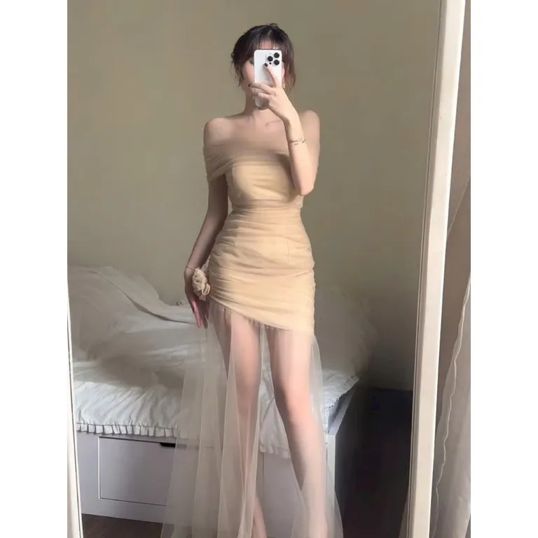 NTV BELEZA Đầm dự tiệc trễ vai phối lưới sang trọng tôn vai gợi cảm tôn dáng 104