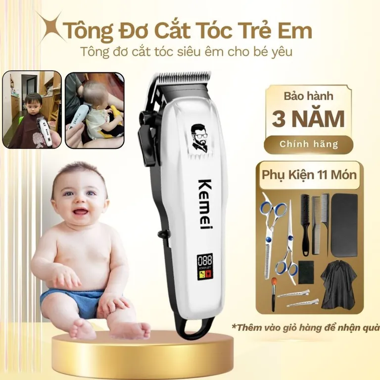 Tông Đơ Cắt Tóc Cho Bé Dùng Ngay Cả Khi Bé Ngủ Có Sạc Pin Rời Kèm Bộ Phụ Kiện 11 Món