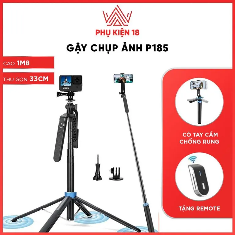 Gậy chụp ảnh 4 chân P185 - Tripod điện thoại livestream, quay phim, chụp ảnh kéo dài 180cm, có remote
