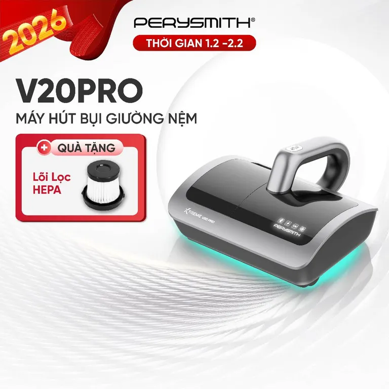 Máy Hút Bụi Giường Nệm PerySmith V20Pro, Không Dây, Gọn Nhẹ, Diệt Khuẩn, Hút Bụi Mịn, Có Đèn UV
