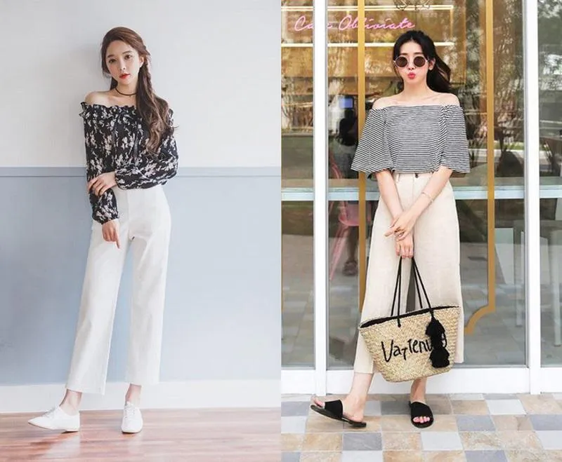 Quần ống rộng mix với áo sơ mi voan hoa