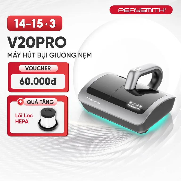 Máy Hút Bụi Giường Nệm PerySmith V20Pro, Không Dây, Gọn Nhẹ, Diệt Khuẩn, Hút Bụi Mịn, Có Đèn UV