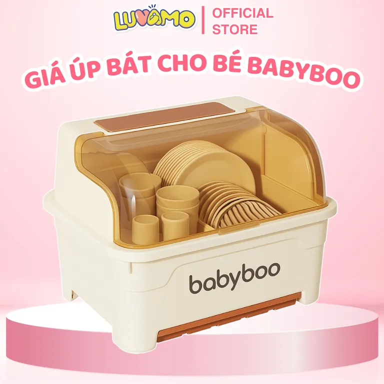 Rổ úp chén bát cho bé ăn dặm Babyboo có khay ứng nước và nắp đậy tiện lợi an toàn LUVAMO