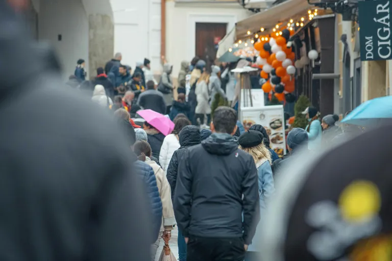 a crowd of people walking down a street