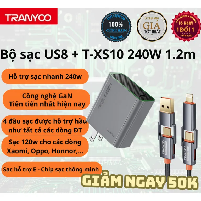Củ sạc nhanh 120W Combo 4 đầu sạc US8, cổng 3.0 Type-C, hỗ trợ PD3.1, PPS, UFCS, sạc laptop/ĐThoại