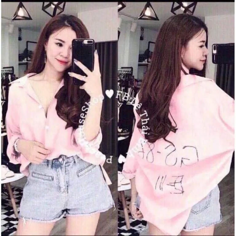 Áo sơ mi cổ trụ hai túi, kèm hình thật