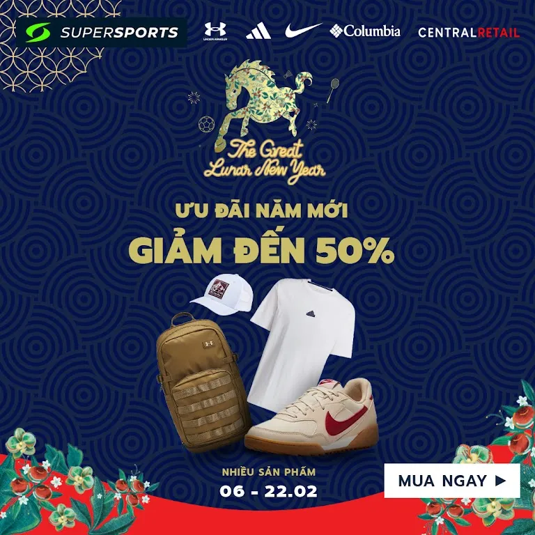 Supersports Tết 2026: Giảm Đến 50% - Voucher 150K - Freeship 699K - Đổi Trả 30 Ngày