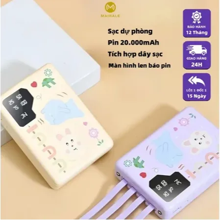 Sạc dự phòng 20000mah 10000mah sạc nhanh pin dung lượng lớn có dây sạc cho điện thoại  - Y668