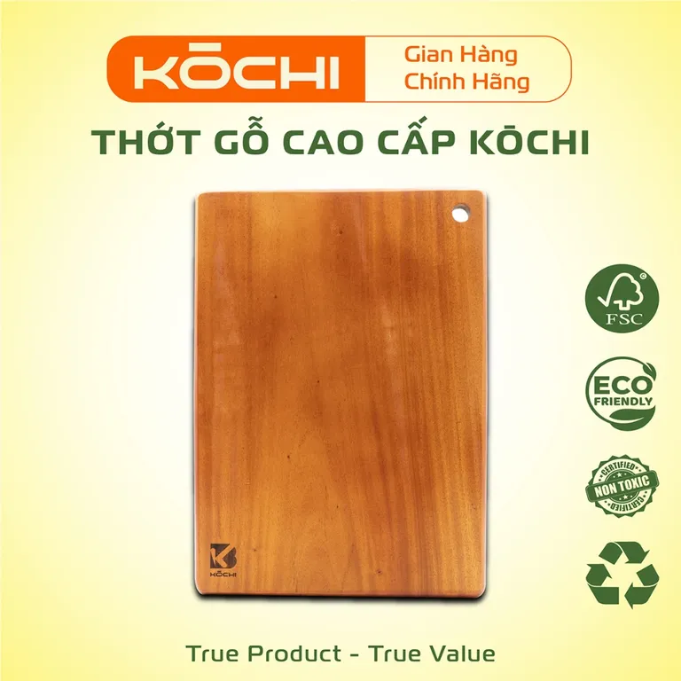 Thớt gỗ xà cừ KŌCHI hình chữ nhật - Gỗ thịt nguyên tấm - không hóa chất độc hại - Sấy khô kháng khuẩn với lỗ treo tròn
