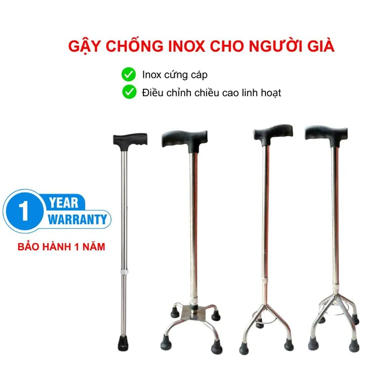 Gậy Chống Cho Người Già Inox, Gậy 3 Chân 4 Chân Inox Cứng Cáp, Gậy Chống Người Già