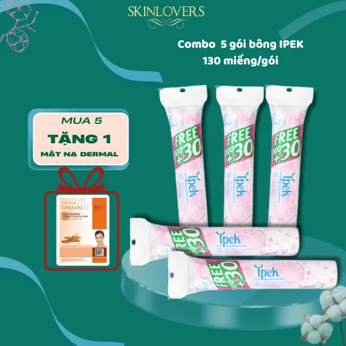Combo set 5 gói bông tẩy trang IPEK 130 miếng/gói siêu mềm mịn, thành phần tự nhiên, sử dụng cho mọi loại da TẶNG mặt nạ