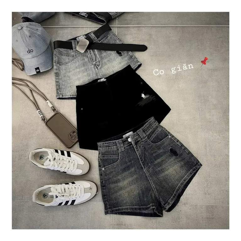 Quần sọt đùi jean nữ quần đùi bò lưng cao co dãn thêu mã AH thời trang 8100