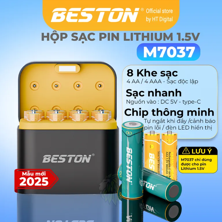 Pin sạc 1.5V dung lượng cao đến 3600mW, Sạc M7037 dùng cho pin 2A 3A sạc cùng lúc 8 viên, cổng sạc type-C, đèn LED báo