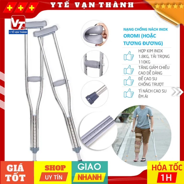 ✅ [HỎA TỐC 1H] Nạng Chống Nách Inox TaJerMy, Oromi (Hoặc Tương Đương) | Điều chỉnh chiều cao dễ dàng -VT0039