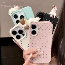 Ốp điện thoại iPhone 16 15 14 13 12 11 Pro Max X Xr Xs Max Phim hoạt hình 3D DIY Cat Fresh Simple Dot Couple Soft Leather Back Cover