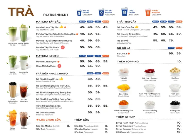 Menu trà sữa, trà trái cây, matcha The Coffee House kèm giá