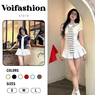 [VOUCHER SALE 25/4] Set 3 món áo thun ôm body cotton chân váy nỉ form xếp ly kèm khăn Voifashion