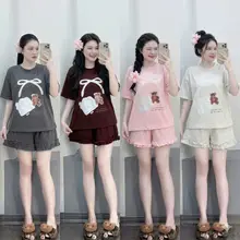 Mẫu Mới 2026 Đồ Bộ In GẤU Nơ Áo cổ TRòn Mix Quâdn Đùi Phối Bèo Phong Cách Trẻ Trung Năng Động MặcNhà