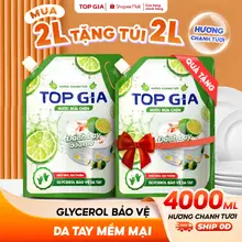[MUA 2L TẶNG 2L] Nước Rửa Chén Bát TopGia Hương Chanh Tự Nhiên, Tẩy Sạch Vết Dầu Mỡ, Túi 2L, 400ml