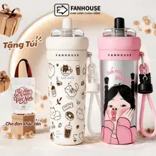 Bình nước giữ nhiệt Milky Tea inox 316L Phủ Sứ, Ly giữ nhiệt Fan House 700ml, ống hút trà sữa