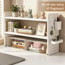 Kệ để bàn decor phong cách tối giản, kệ kim loại trắng có bảng lỗ hai bên phong cách Hàn Quốc