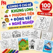 POMI - 100 Tranh Tô Màu Cho Bé Trai Mầm Non Tiểu Học Chủ Đề Khủng Long Phương Tiện Động Vật Nghề Nghiệp giấy A4 A5