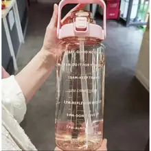 Bình nước thể thảo 2 Lít trong suốt có ống hút ,có vạch chia giờ nhắc uống nước, tặng kèm sticker dán gia dụng Cúc Cúc