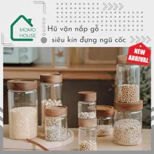 Hũ Thuỷ Tinh Nắp Gỗ Vặn Chặt Siêu Kín Đựng Ngũ Cốc, Đường, Gia Vị, Lọ Thuỷ Tinh Nắp Gỗ Giữ Ẩm Siêu Tốt Đựng Thực Phẩm