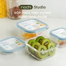 inochi Hộp thủy tinh vuông đựng thực phẩm, chịu nhiệt 400 độ C, an toàn lò vi sóng, máy rửa bát.