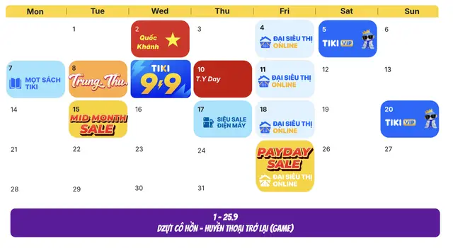 Lịch chương trình khuyến mãi Tiki tháng 9/2026: Tiki 9.9, Mid Month Sale 15/9, Siêu Sale Điện Máy 17/9, Payday Sale 25/9