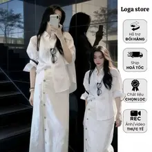 Set áo sơ mi trắng phối chân váy dài form suông,  Set đồ nữ công sở thanh lịch phong cách Hàn Quốc Logastore_L102