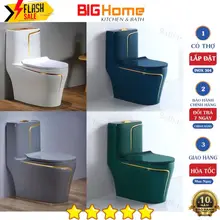 Bồn cầu liền khối, bệt 1 khối nghệ thuật, viền vàng, xả xoáy, nắp rơi êm tự hạ, men nano Kháng khuẩn. Bồn cầu cao cấp