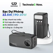Pin dự phòng GOOJODOQ 50000mAh, 9 cổng, sạc nhanh PD 20W/22.5W, cáp tích hợp, màn hình hiển thị kỹ thuật số, có đèn pin. Thích hợp cho máy tính xách tay, điện thoại di động, cắm trại ngoài trời.