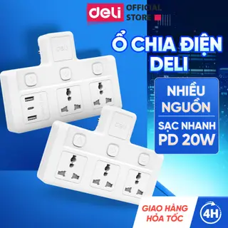 [DEAL HỜI] Ổ Cắm Chia Điện Deli, Ổ Cắm Điện Chữ T Công Suất 2500W Tích Hợp Cổng USB &TypeC Sạc Nhanh 20W
