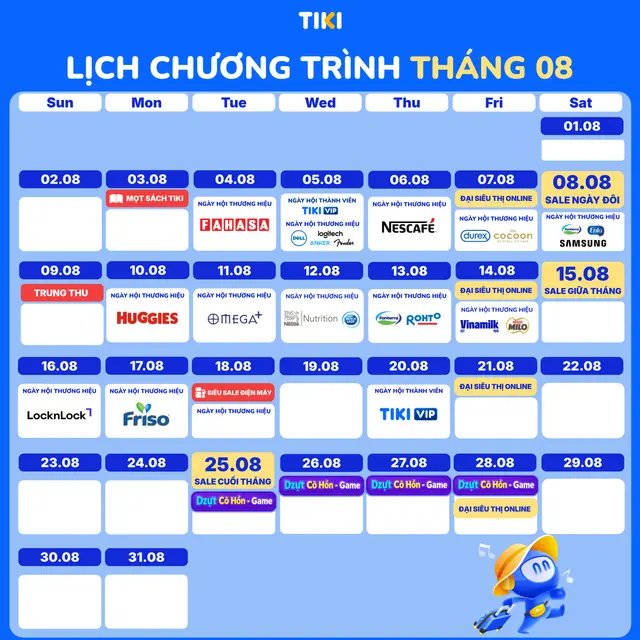 Lịch chương trình khuyến mãi Tiki tháng 8/2026: Sale Ngày Đôi 8/8, Sale Giữa Tháng 15/8, Sale Cuối Tháng 25/8
