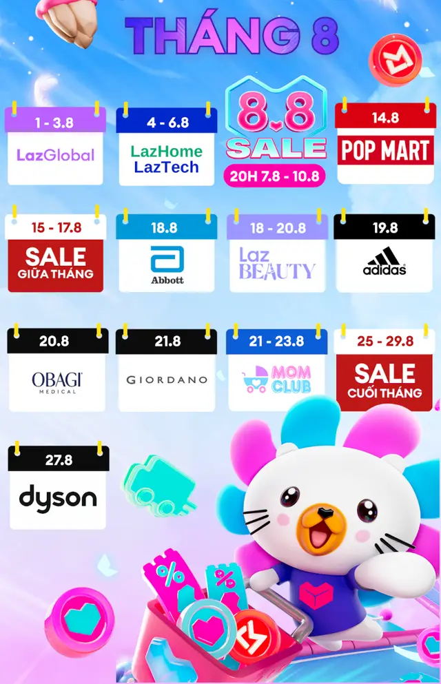 Lịch chương trình khuyến mãi Lazada tháng 8/2026: Sale 8.8, Sale Giữa Tháng 15/8, Sale Cuối Tháng 25/8