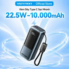 【Hàng Mới Bản 3C】Pin Sạc Dự Phòng Mini 22.5W 10000mAh Vention Tích Hợp Dây Type C, Màn LED Hiển Thị, Hỗ Trợ Sạc Nhanh