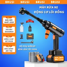 Máy rửa xe pin cầm tay cao cấp BRUSI gồm 6 chế độ phun động cơ lõi đồng bền bỉ tặng kèm phụ kiện