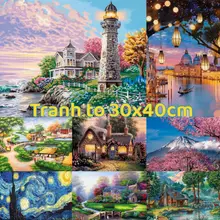 Tranh đính đá phong cảnh, bộ hạt nhựa đính tranh gắn đá thiên nhiên đồng làng quê tự làm FAMILY86
